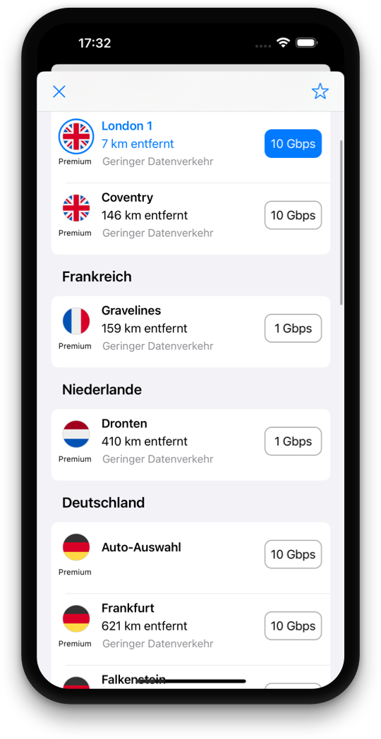 Tegant VPN Serverauswahlbildschirm