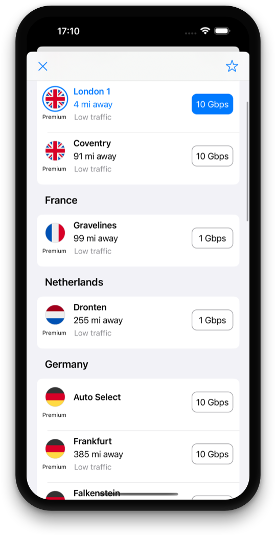 Layar pemilihan server Tegant VPN