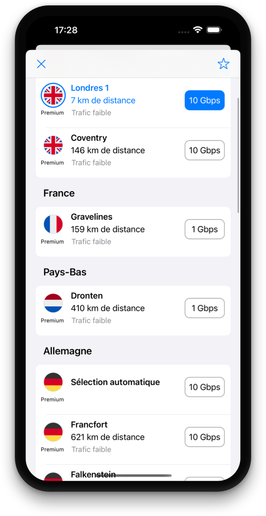 Écran de sélection des serveurs Tegant VPN