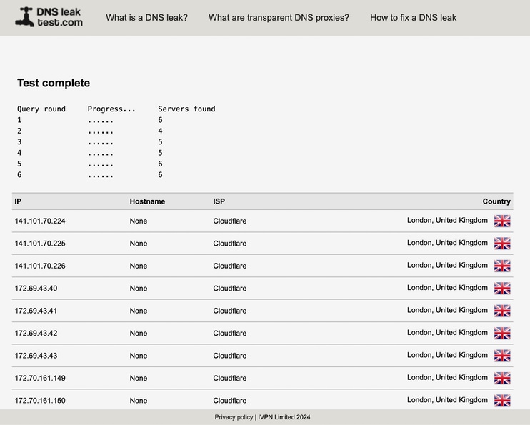 DNS Leak Test results showing Tegant VPN's effectiveness in Iran