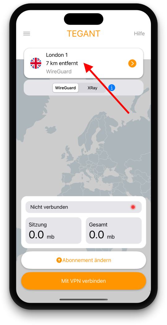 Tegant VPN Hauptbildschirm zeigt Serverauswahl