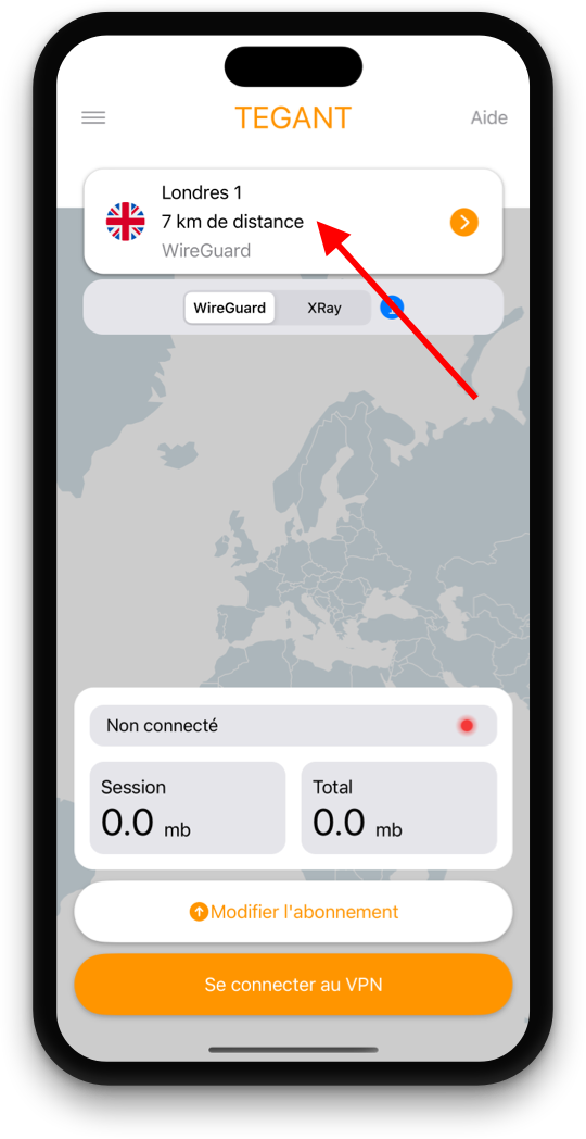 Écran principal de Tegant VPN montrant la sélection de serveur
